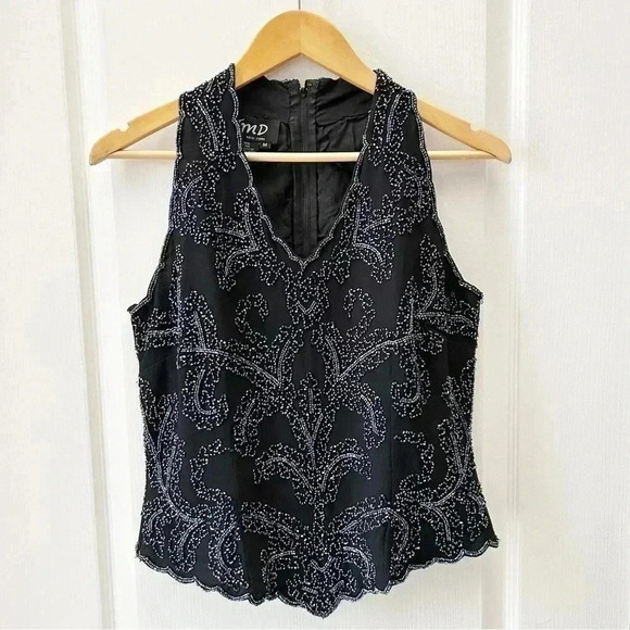 JMD New  York Black Beaded Sleeveless Halter Dressy Top V Neckline Medium - Picture 6 of 16